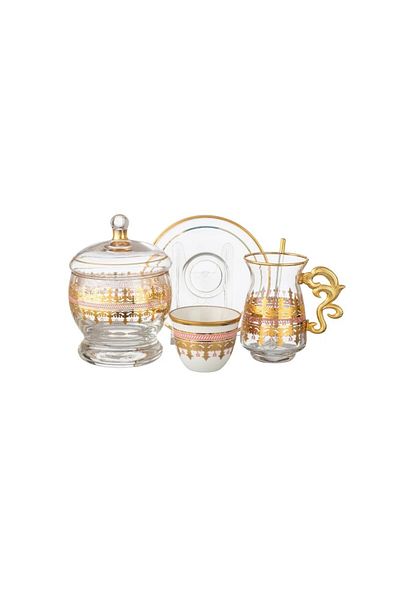 HIC Turkish Glass Tea and Coffee Set Platinum with Gold 26 Pieces