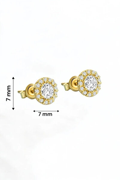 jelux silver Gümüş 925 Ayar 7 Mm Zirkon Taşlı Yuvarlak Gold Küpe