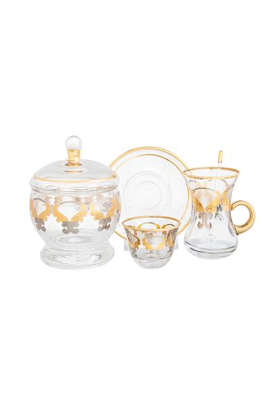 HIC Turkish Glass Tea and Coffee Set Platinum with Gold 50 Pieces