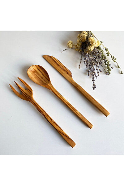 egedeneve Natural Olive Wood Wooden 3-Piece Zeus Dinnerware Set - Fork & Knife & Spoon