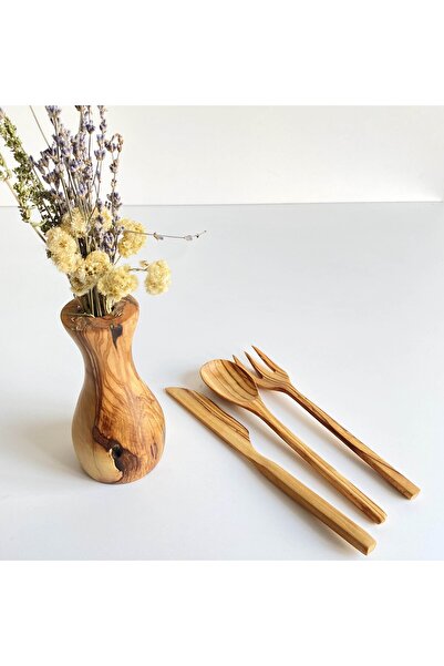 egedeneve Natural Olive Wood Wooden 3-Piece Zeus Dinnerware Set - Fork & Knife & Spoon