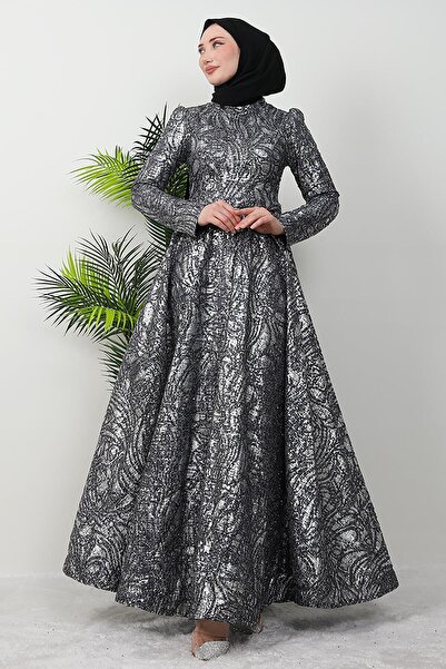 GİZ AGİYİM Dark Gray Glittered Hijab Evening Dress - Feraye