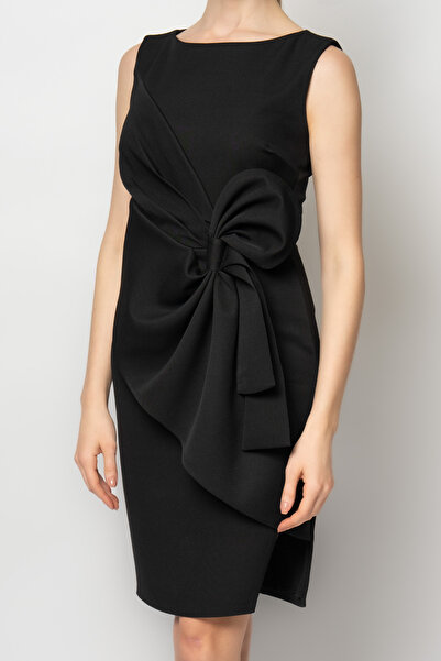 RENGIN Belden kurdele detaylı kolsuz krep abiye elbise