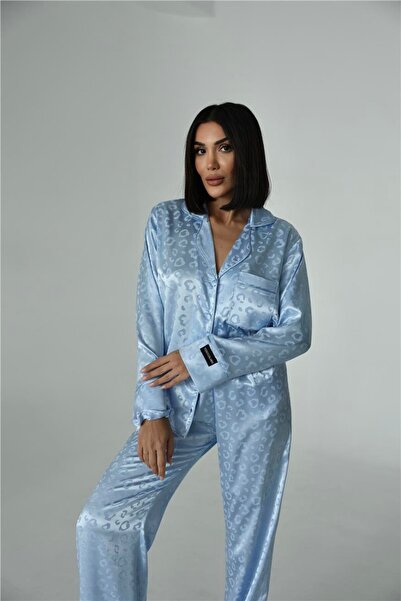 COCCOLARSI Tigre Affascinante Bebe Mavisi Jakarlı Saten Uzun Pijama Takımı