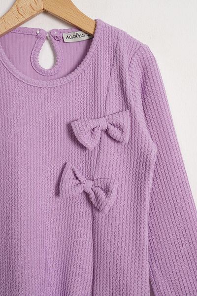 zepkids Crew Neck Bow Detailed Lilac Girl's Dress with Hat Accessories