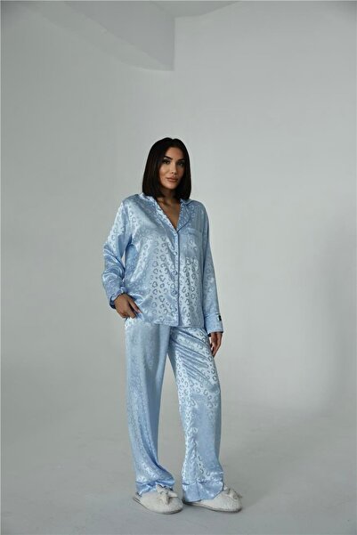 COCCOLARSI Tigre Affascinante Bebe Mavisi Jakarlı Saten Uzun Pijama Takımı