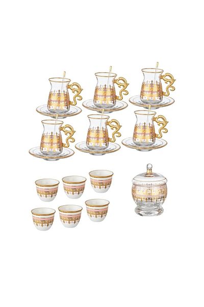 HIC Turkish Glass Tea and Coffee Set Platinum with Gold 26 Pieces