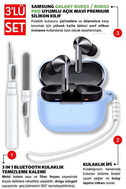 EWEC Samsung Galaxy Buds3, Buds3 Pro, Buds3 FE Uyumlu Silikon Kılıf, Kulaklık İpi, Temizleme Kalemi Seti
