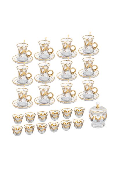 HIC Turkish Glass Tea and Coffee Set Platinum with Gold 50 Pieces