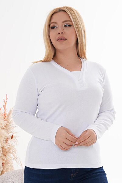 Siyezen Plus Size V Neck Button Detailed Cotton Blouse