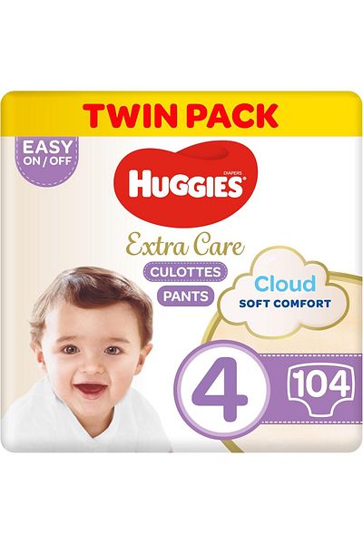 Huggies Extra Care Culottes, Size 4, 9-14 kg, Twin Jumbo Pack, 104 Diaper Pants