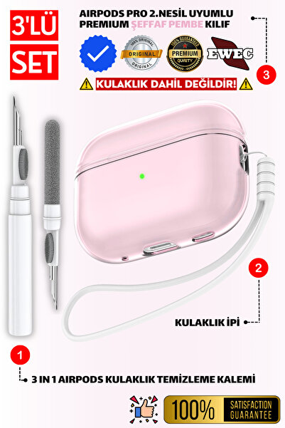 EWEC Pro 2.Nesil Uyumlu Şeffaf Pembe Kulaklık Kılıfı, Kulaklık İpi ve 3'ü 1 A...