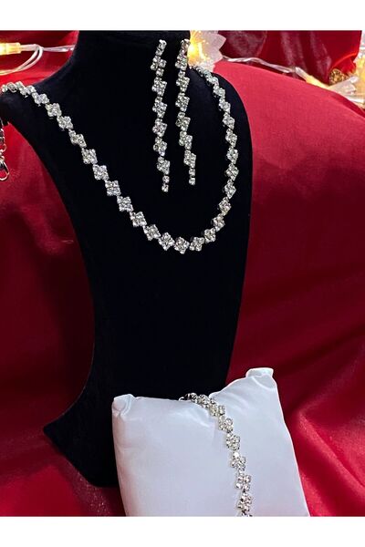 Zanora Ajda Model Zirkon Taşlı Zarif Kolye Küpe Bileklik Seti Hediye Set