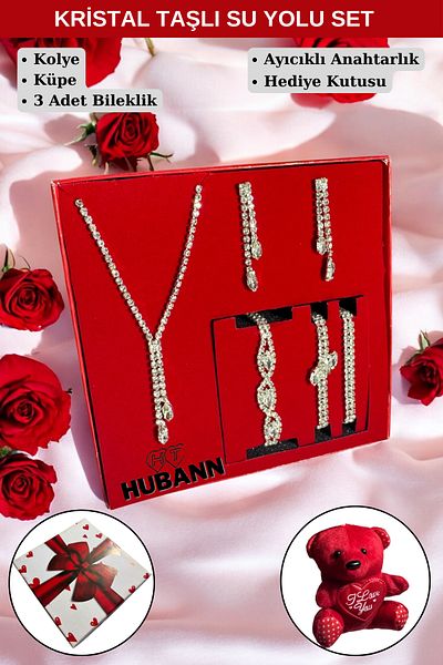 HUBANN Silver Colored Crystal Stone Jewelry Set - Gift Product with Teddy Bear Keychain