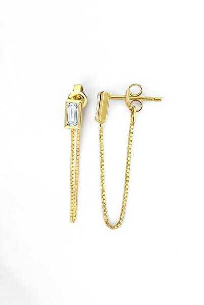 jelux silver Gümüş 925 Ayar Baget Tek Taş Zincirli Gold Küpe/ 1,05