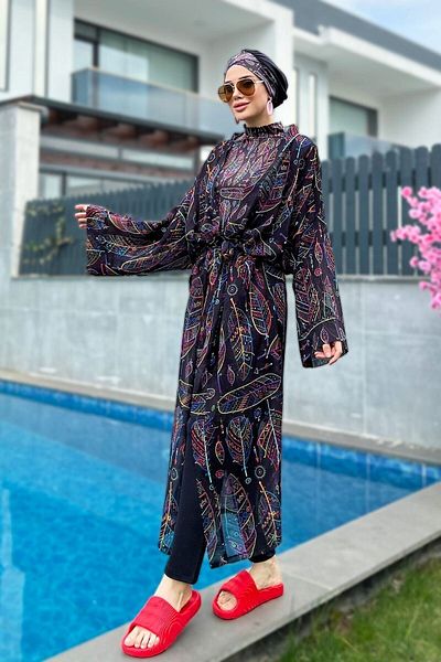 Remsa Mayo Remsa Hijab Swimsuit with Single Kaftan Kimono Pareo Leaf Theme RP004B Zeynep
