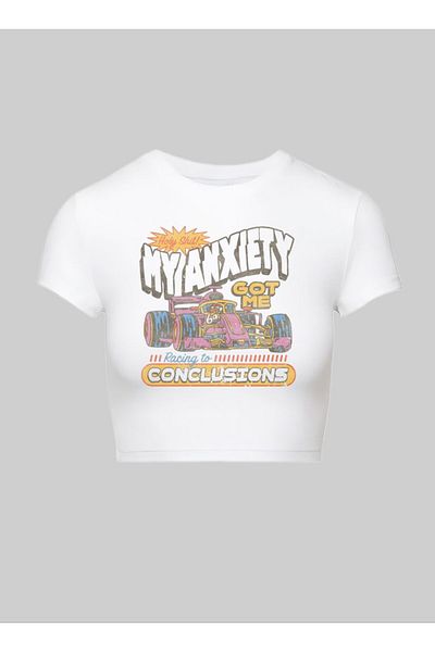 MAYDAY CULTURE White Printed Pinterest Y2K Crop Top Baby Tee Lycra Narrow Combed Cotton