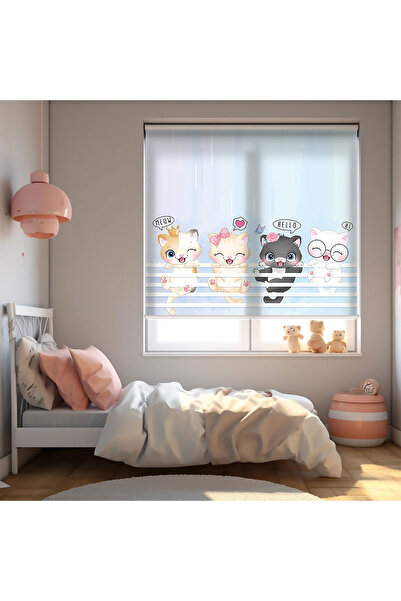 AD Home Şirin Yavru Kediler Baskılı Stor Perde - Güneşlik Perdesi - Çocuk Oda...