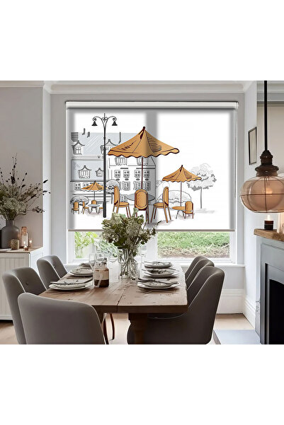 Bright Cover Cafe İllustrasyon Baskılı Stor Perde - Güneşlik Perdesi - Mutfak...