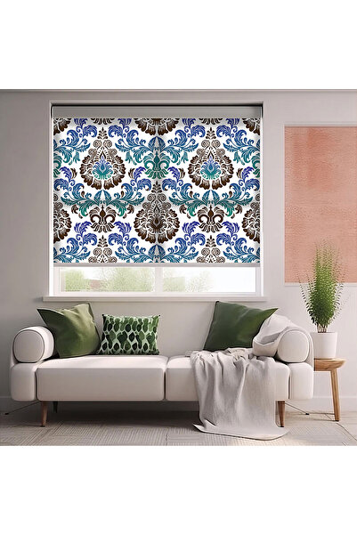 Bright Cover Turkuaz Damask Baskılı Stor Perde - Güneşlik - Mutfak, Salon, Ya...