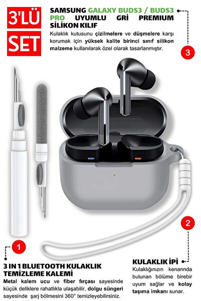 EWEC Samsung Galaxy Buds3, Buds3 Pro, Buds3 FE Uyumlu Silikon Kılıf, Kulaklık İpi, Temizleme Kalemi Seti