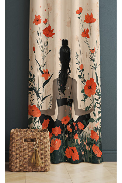 ALAMODECOR Çiçekli Yoga Yapan Kadın Model Tek Kanat Genç Odası Fon Perde