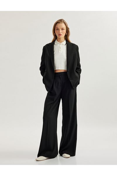 Koton Crepe Fabric High Waist Palazzo Pants with Side Stripe Detail Pockets