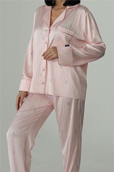 COCCOLARSI Petali Rosa e Righe Dorate Saten Uzun Pijama Takımı (Geniş Beden Aralığı)