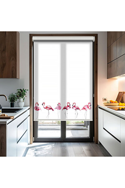 Bright Cover Flamingolar Baskılı Stor Perde - Baskılı Güneşlik Perdesi - Mutf...