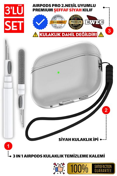 EWEC Pro 2Nd Generation Compatible - Clear Black Headphone Sleeve with Black Headphone Lanyard and Cleaning Pen in 1