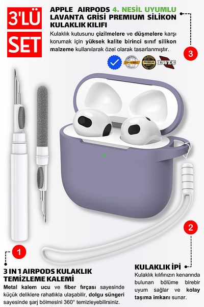 EWEC 4Th Generation Compatible Gray Silicone Headphone Case, Headphone Rope and 3-in-1 Cleaning Pen Set