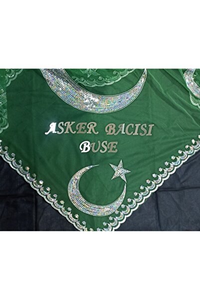 Duru Kişiye Özel Asker Bacısı Ve Isim Yazılı Yeşil Ayyildizli Kına Örtüsü Tir...