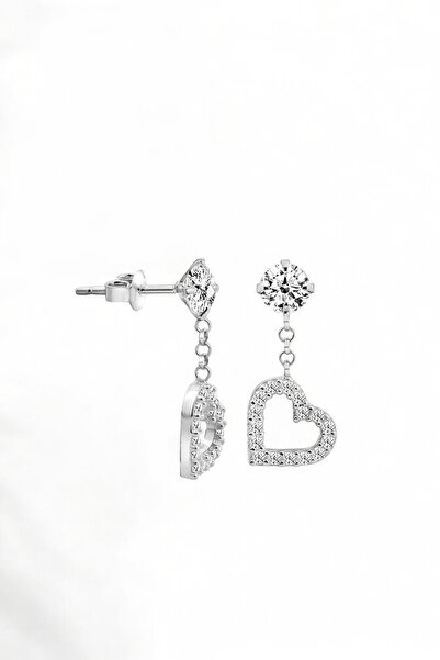jelux silver Gümüş 925 Ayar Rodyumlu Zirkon Taşlı Kalpi Sallantılı Küpe