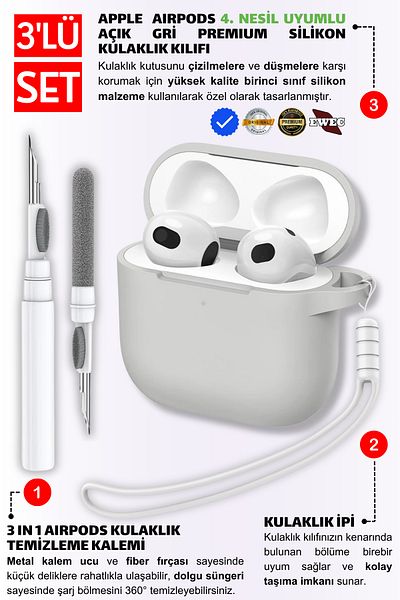 EWEC 4Th Generation Compatible Light Gray Silicone Earphone Sleeve with Headphone Lanyard and 3-in-1 Cleaning Pen Set