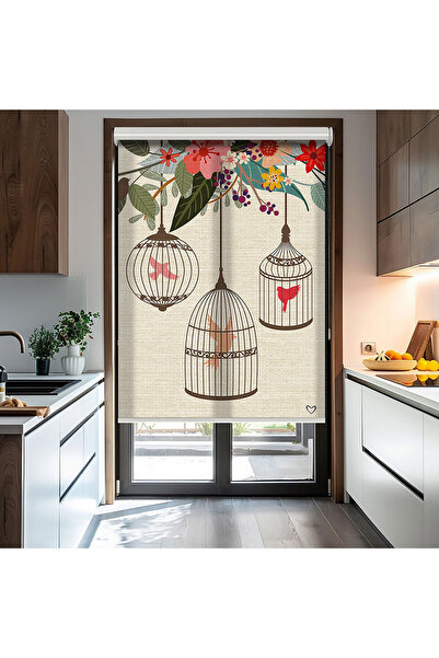 AD Home Kafes ve Kuşlar Baskılı Stor Perde - Baskılı Güneşlik Perdesi - Salon...