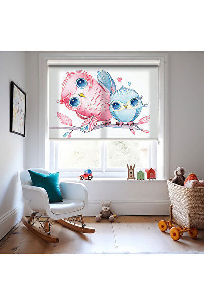 AD Home Sevimli Baykuşlar Baskılı Stor Perde - Güneşlik - Kız Çocuk Odası Per...