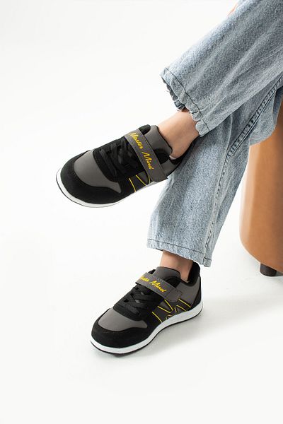 WEBORN Unisex Single Velcro Sneaker M Αθλητικά παπούτσια - Μαύρο κίτρινο κορδόνι καλοκαιρινό χειμερινό τεχνητό δέρμα