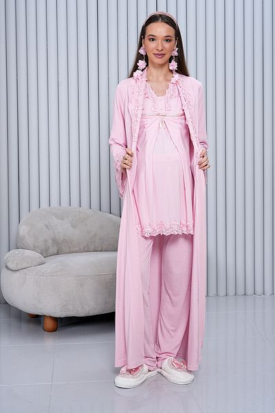 lohusahamile Pregnant Maternity Pajamas Set with Hidden Breastfeeding Short Sleeve Powder Pink Dressing Gown