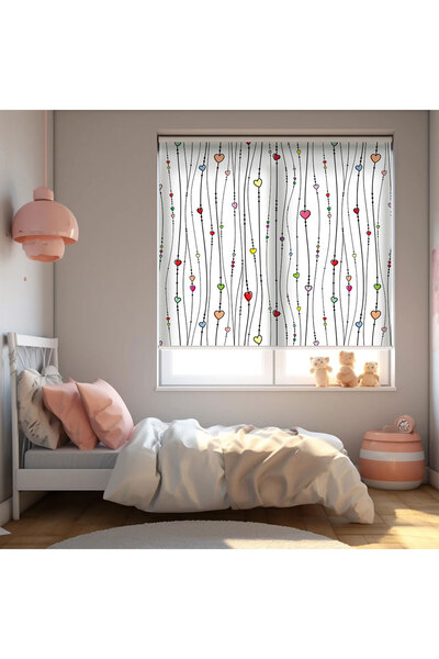 AD Home Renkli Kalpler Baskılı Stor Perde, Bebek Odası Perde, Kız Çocuk Odası...
