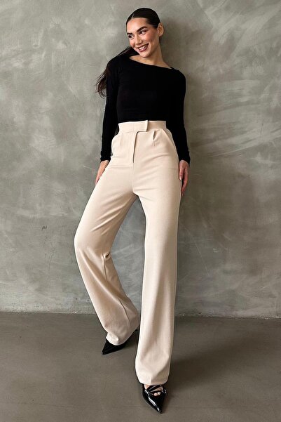 Madmext Світло-бежеві штани палаццо з лайкри з застібкою на липучці MG2291