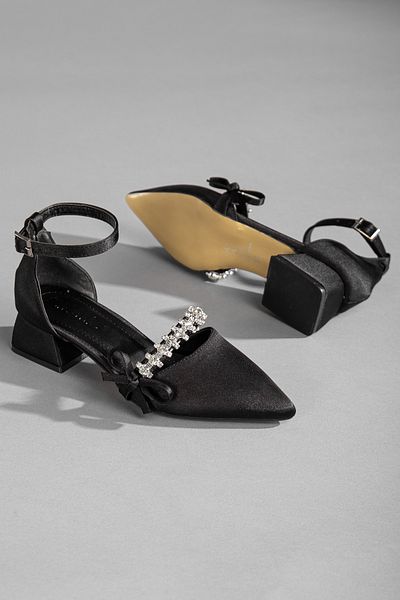 camaiore Pantofi cu toc mini din satin negru de damă, brodat cu piatră, vârf ascuțit Sveta