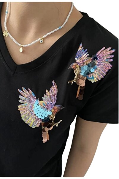 Cassime Tricou negru cu paiete cu paiete pentru femei - 100% bumbac, maneca s...