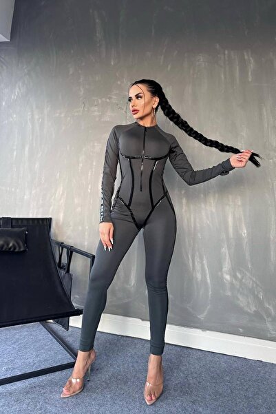 Tayt Factory Modern Deri Garnili Özel Tasarım Spor Tulum