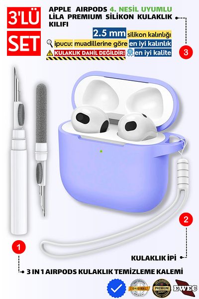 EWEC 4Th Generation Compatible Lilac Silicone Earphone Sleeve with Headphone Lanyard and 3 in 1 Cleaning Pen Set