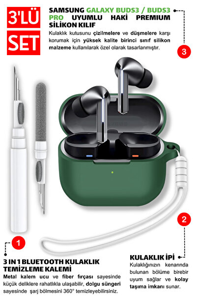 EWEC Samsung Galaxy Buds3, Buds3 Pro, Buds3 FE Uyumlu Silikon Kılıf, Kulaklık İpi, Temizleme Kalemi Seti