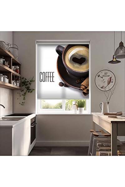 AD Home Coffee Kalp Fincan Baskılı Stor Perde - Güneşlik Perdesi - Mutfak Per...