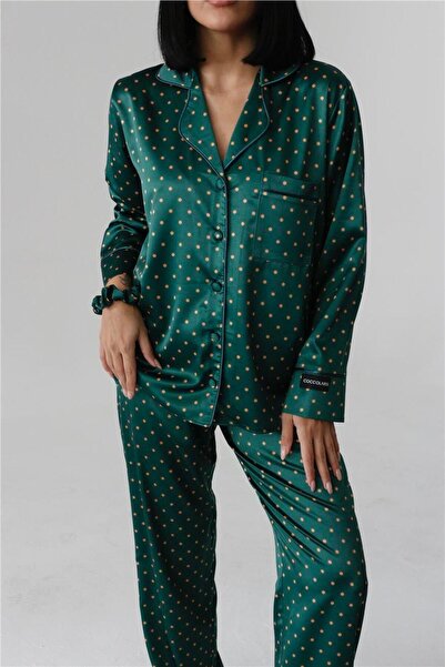 COCCOLARSI Pois Gialli Saten Uzun Pijama Takımı