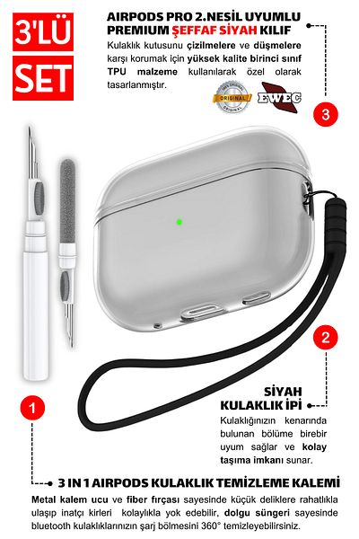 EWEC Pro 2Nd Generation Compatible - Clear Black Headphone Sleeve with Black Headphone Lanyard and Cleaning Pen in 1