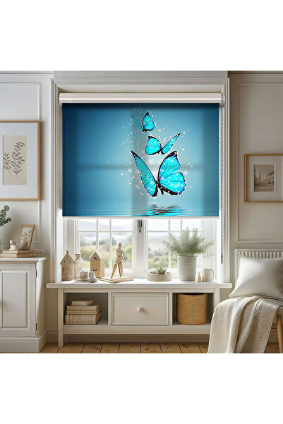 AD Home Turkuaz Kelebekler Baskılı Stor Perde - Güneşlik Perdesi - Salon Perd...
