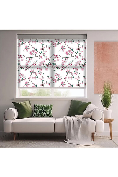 AD Home Pembe Çiçekler ve Dallar Baskılı Stor Perde - Baskılı Güneşlik Perdes...